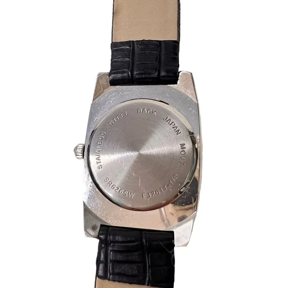 Vintage Women's Watch‎ Black Band Faux Leather Rhinestone Bezel Black Dial